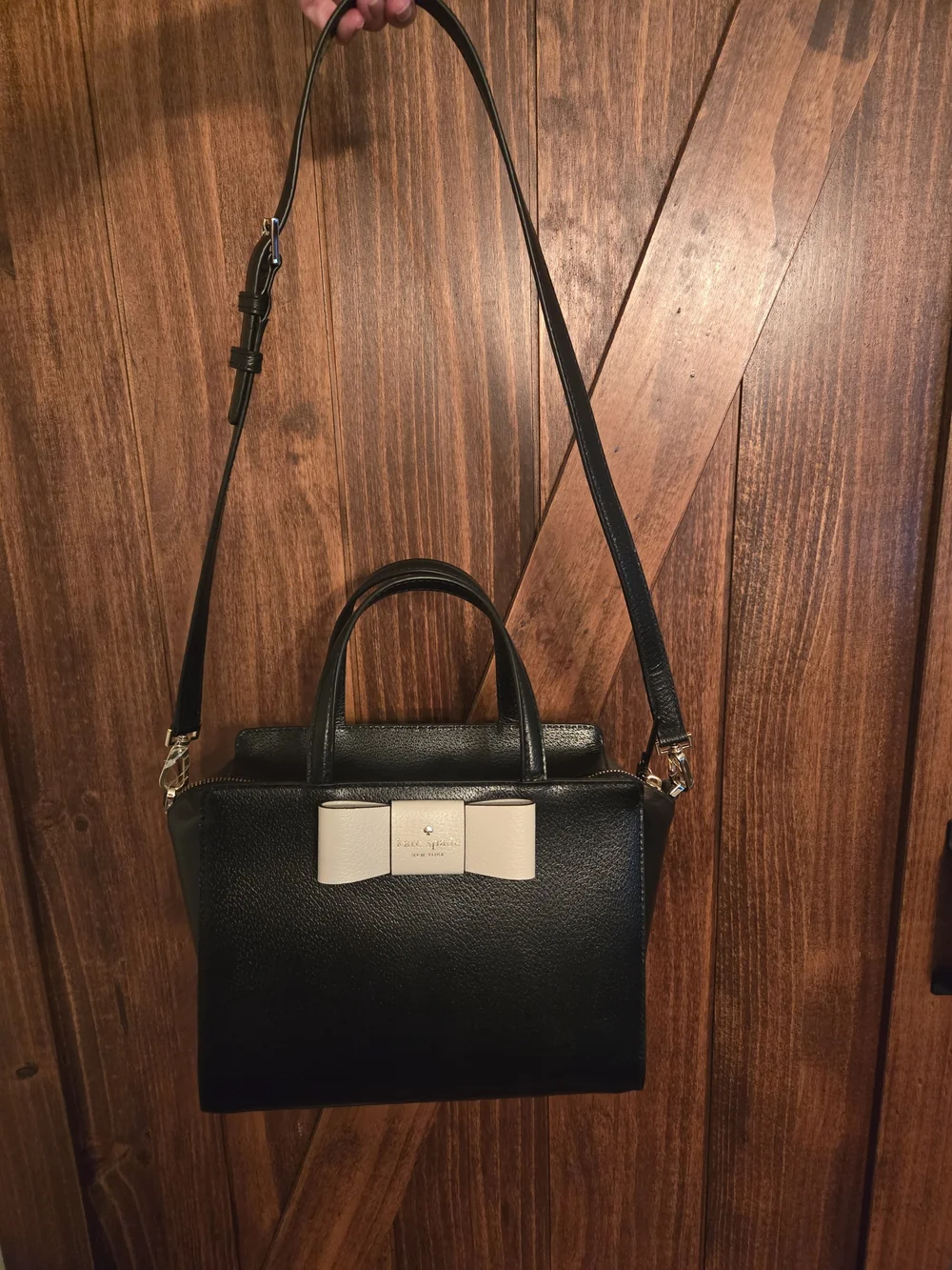 kate spade Black Leather Satchel with Cream Bow Detail